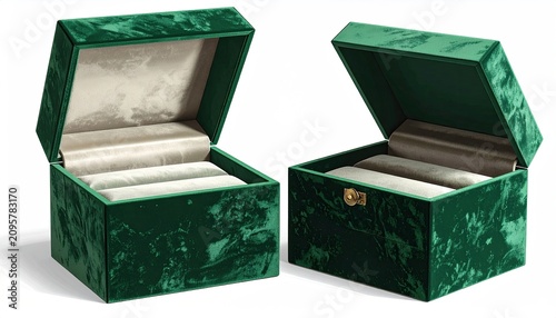 Velvet Green Jewelry Boxes Open with Soft Lining and Pillowed Cushions