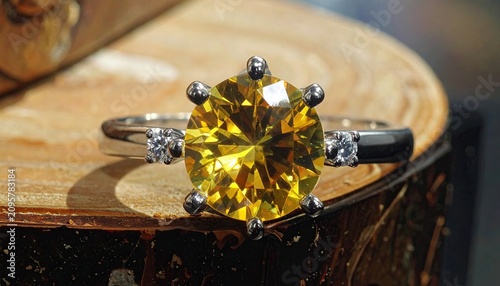 Shiny Yellow Gem Ring with Diamond Accents on Metal Band