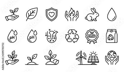 Natural ingredients and eco friendly line icon set with leaf seedling recycling and sustainability symbols vector collection isolated on white background
