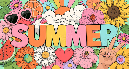 Vibrant summer floral wreath with sunglasses and watermelon. Handcrafted seasonal decoration for parties, social media, and marketing campaigns.