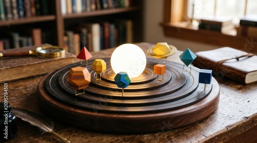 Wooden solar system model with glowing sun on rustic desk. Library bookshelves in blurred background.
