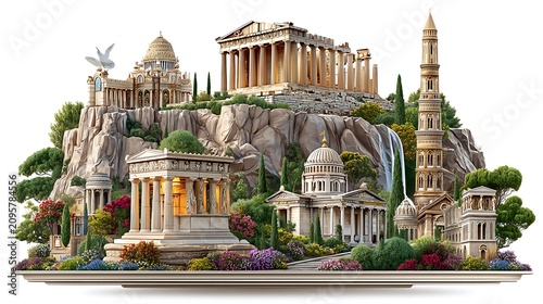 Classical roman temples built on flying rock high-resolution picture
