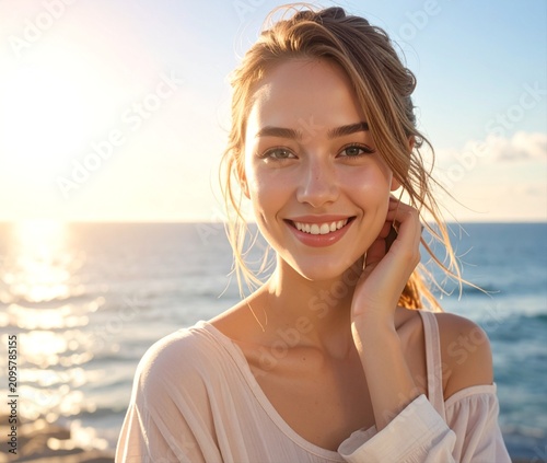Portrait of a smiling young woman with natural makeup and glowing skin against an ocean and sunset background.