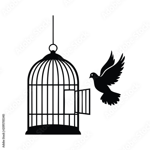 Принти на полотні Vector icon of a bird flying out of an open cage, symbolizing emotional freedom, liberation, hope, and new beginnings