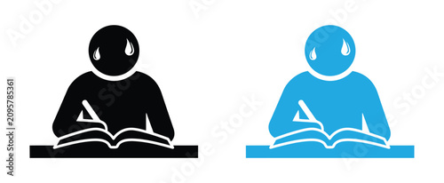 Tableau sur toile A person sitting at a desk with a book and pencil looking stressed or frustrated