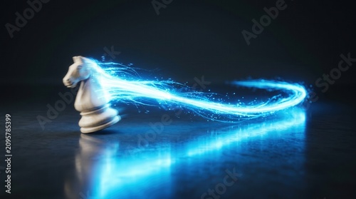 White chess knight piece moving fast with glowing blue light trail. Dark reflective surface with abstract background.