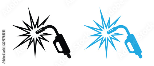 Black welding torch icon performing metal fabrication work for heavy industry. Professional Welding Torch Icon with Metal Arc Spark Vector Illustration