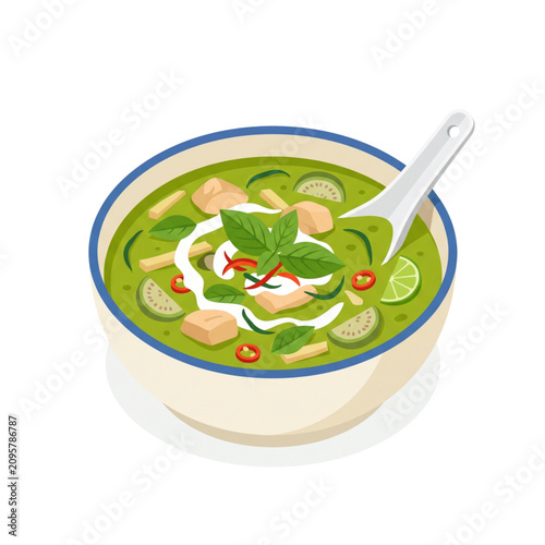 Green curry bowl, Thai spicy coconut soup  Vector Illustration