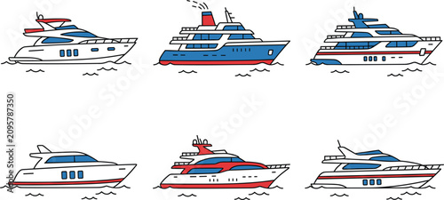 Εκτύπωση καμβά Luxury marine yachts and cruise vessel line art icons set with blue red details