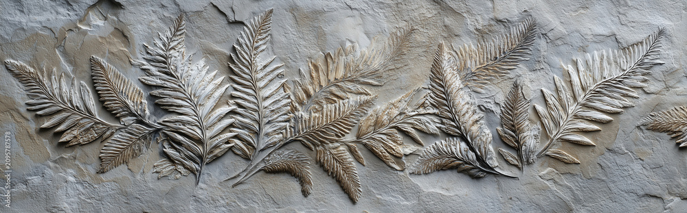 Naklejka premium Ancient Fern Fossils Preserved in Stone Natural Paleontology Rock Texture