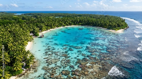 Breathtaking aerial view of a tropical island paradise featuring vibrant coral reefs and crystal clear turquoise lagoon waters under a summer sky