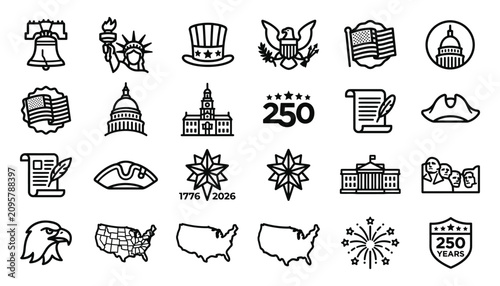 USA Semiquincentennial and Patriotic Line Icons Set
