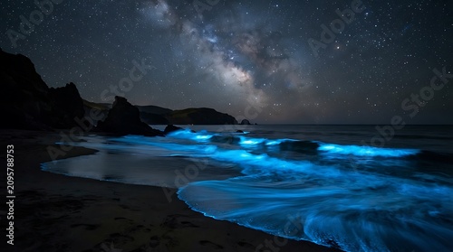 Bioluminescent Blue Ocean Waves Under Milky Way Galaxy Night Sky Over Rocky Coastline Beach