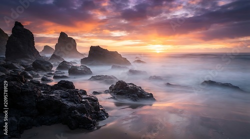 Vibrant twilight illuminates rugged coastal rocks as the long-exposure ocean mist creates a serene and dramatic scene of natural beauty along the shore