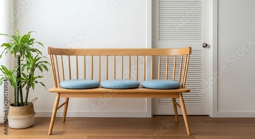 Modern wooden bench with colorful cushions and a green plant in a bright room