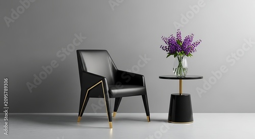 Modern black leather armchair with a side table and purple flowers in a cozy room