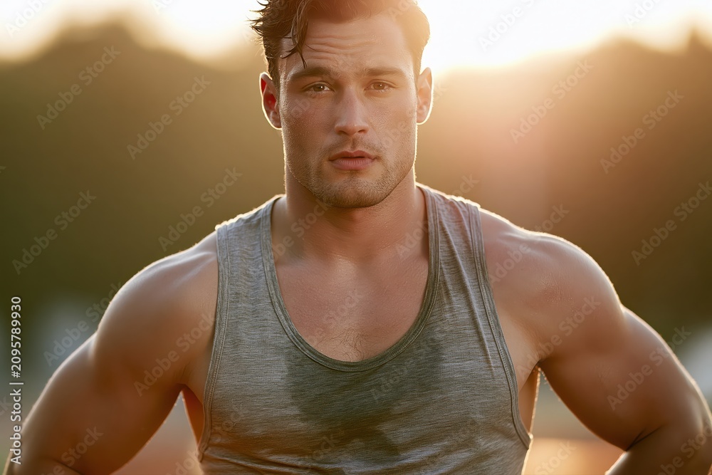 Fototapeta premium Muscular man in tank top, sweating after intense workout, backlit by warm golden hour sunlight.