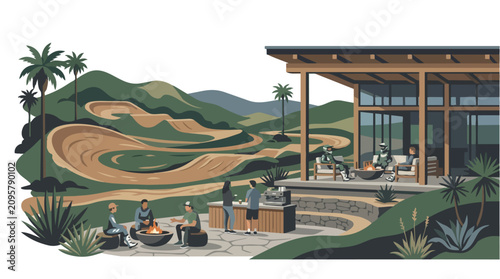 People gathered outdoors around a fire pit by a modern house.