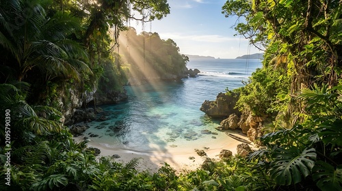 Serene tropical beach cove with sunbeams shining through lush green jungle canopy onto turquoise ocean water