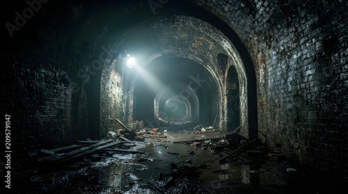 Spooky abandoned tunnel for happy halloween dark brick archway with debris and dramatic lighting
