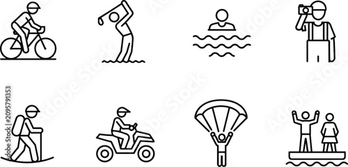 Bild auf Leinwand Outdoor sports and adventure line icons vector set, outline fitness pictograms,
