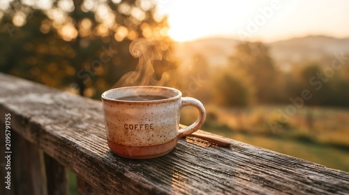 Enjoy a steamy cup of coffee on a sun-drenched porch, surrounded by nature's tranquility at dawn