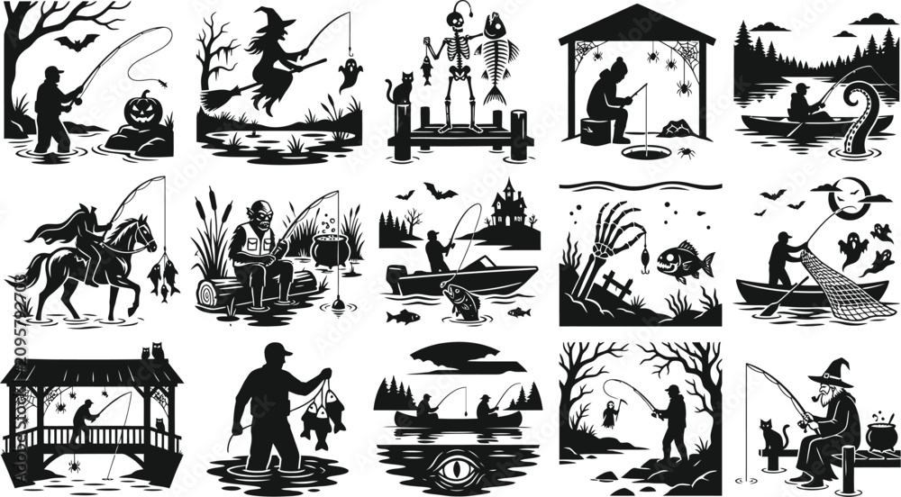 Fototapeta premium Spooky halloween vector bundle vintage fishing monster illustrations for creepy designs