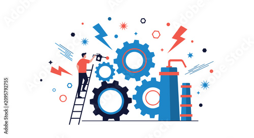 Creative engineer on a ladder adjusting massive blue gears, representing teamwork, industry, and progress.