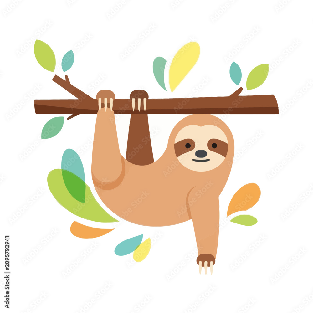 Obraz premium Cute Sloth Hanging on Tree Branch with Colorful Leaves