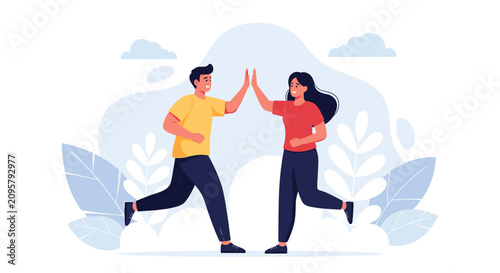 Active young man and sporty young woman high fiving each other while jogging in a park for a healthy cardio workout.
