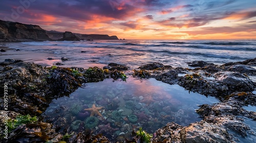 Vibrant sunset paints the sky over a serene rocky coastline, with a clear tide pool reflecting the dramatic colors and revealing hidden marine life