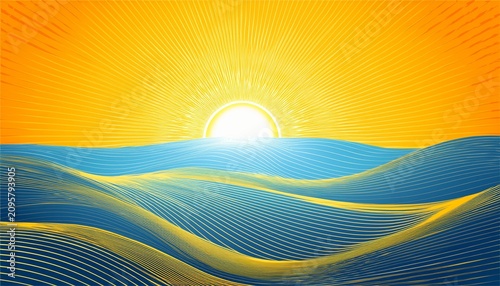 Sun Bright Yellow Rays Blue Waves Abstract Summer Season Beach Scene Card Template