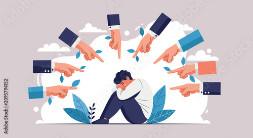Sad and depressed young man sitting on the floor while many hands point accusatory fingers at him in shame.