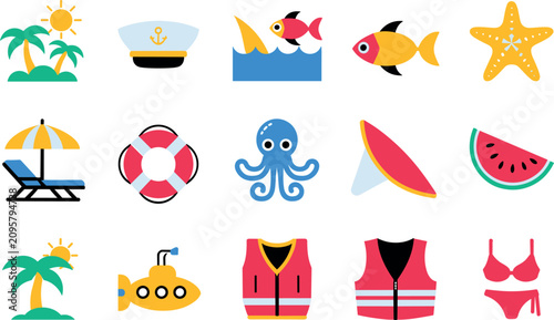 Photography Colorful flat summer beach vacation icons vector set, marine ocean animals, crui