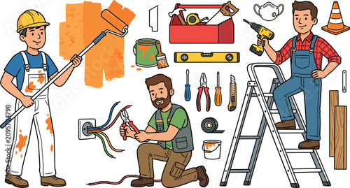 Home Renovation Vector Set Featuring Cartoon Handyman Characters Painter Electrician Toolbox Stepladder Electric Drill and Repair Hardware Graphic Elements