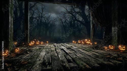 Spooky happy halloween forest path with jack o' lanterns a dark and atmospheric seasonal scene