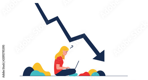 Worried business woman working on a laptop under a giant falling financial arrow, representing market crash or bankruptcy.