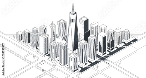 Quadro su tela Modern isometric metropolis city center vector map layout featuring corporate sk