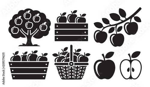 Apple harvest silhouette set with fruit tree basket wooden crate branch and sliced section.