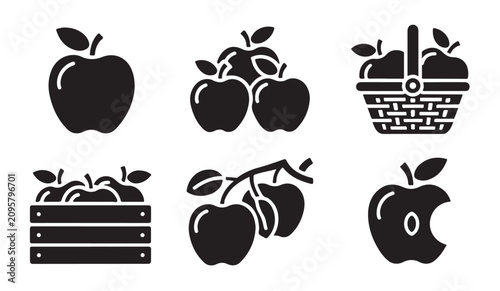 Fotografía Fresh apple fruit icons set featuring crate basket branch and bitten apple silhouettes