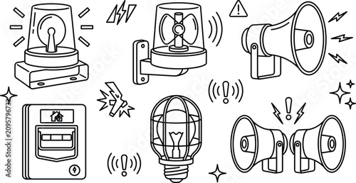 Foto Emergency siren and security warning system vector line icon set featuring flash