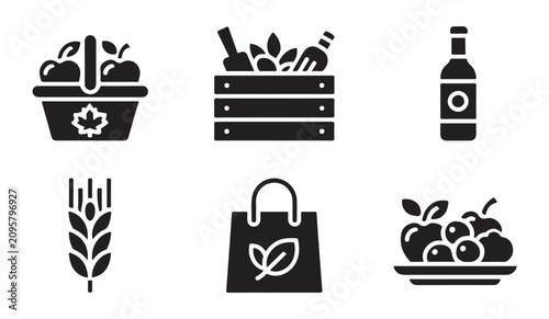 Fotografie Complete thanksgiving and fall market collection black and white vector icon set isolated