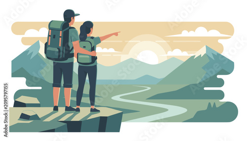 Hiking couple with backpacks stands on a cliff edge looking out over a mountain valley as the sun rises in the distance.