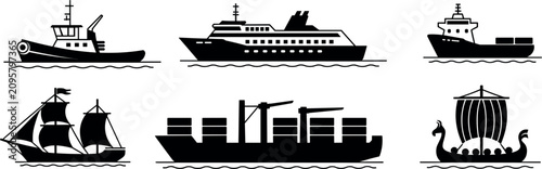 Bild auf Leinwand Ocean ships and boats black silhouette vector icons set, cargo container vessels