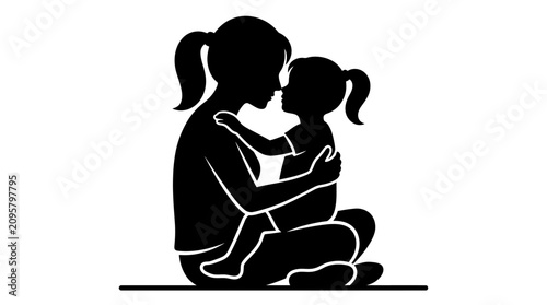 Slika na platnu Silhouette illustration of a loving mother embracing her child in a tender, hear