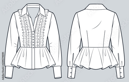 Women Ruffle Peplum Blouse Fashion Flat Technical Drawing Template, Outline, Front and Back View, Blouse CAD Mockup