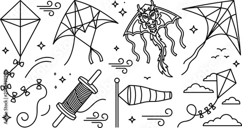 Obraz na plátně Flying kite festival line icon set with diamond geometric dragon kite windsock s