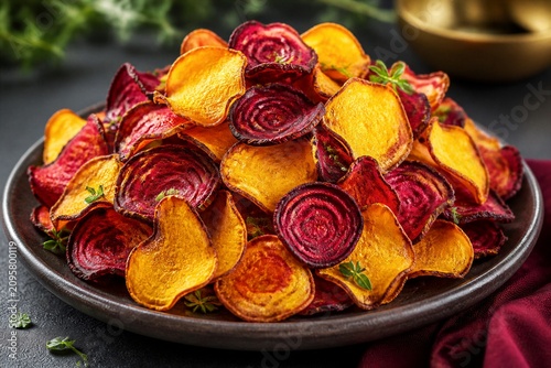 Beet and sweet potato chips stacked on dark ceramic plate