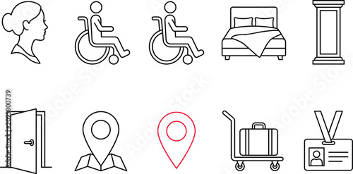Hotel accessibility navigation line icon set with wheelchair guest profile room bed map pin luggage trolley ID badge
