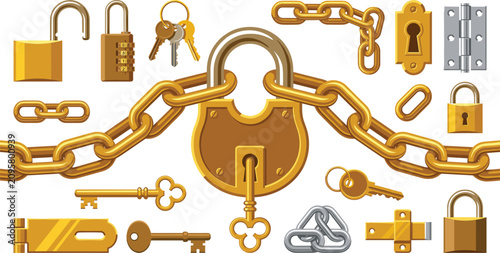 Golden Padlock Chain and Key Collection with Security Locks Hinges and Access Protection Elements Isolated Vector Illustration